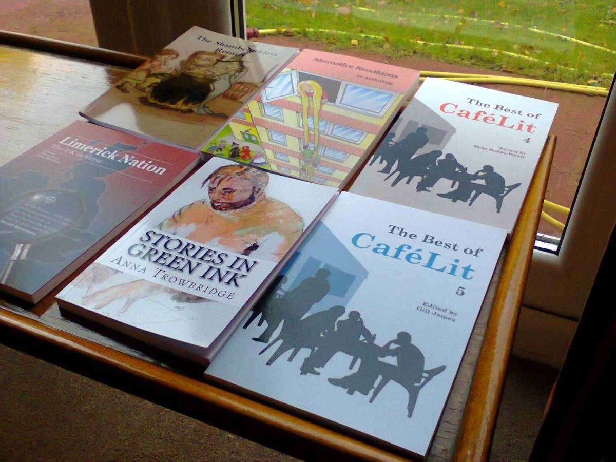 Six of the seven books my stories have appeared in (okay in the case of Limerick Nation, one limerick!). Baubles is the other book. Image taken by me.