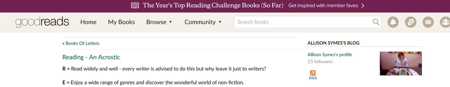 Screenshot 2024-07-13 at 17-14-03 Allison Symes's Blog - Reading - An Acrostic - July 13 2024 09 13 Goodreads