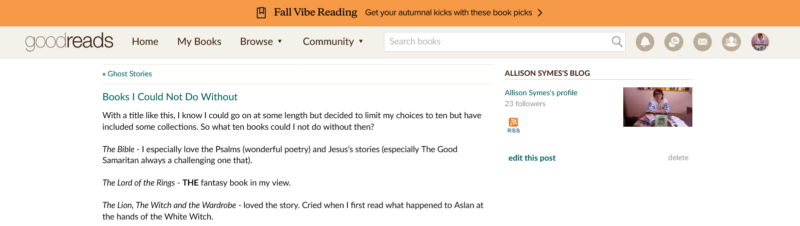 Screenshot 2024-09-21 at 18-00-25 Allison Symes's Blog - Books I Could Not Do Without - September 21 2024 10 00 Goodreads