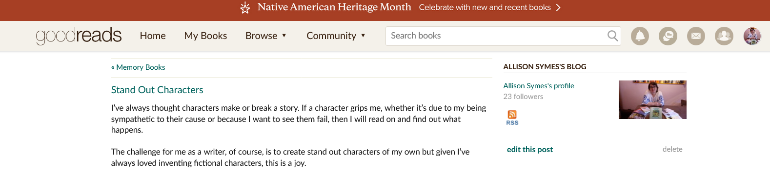 Screenshot 2024-11-02 at 17-48-33 Allison Symes's Blog - Stand Out Characters - November 02 2024 10 48 Goodreads