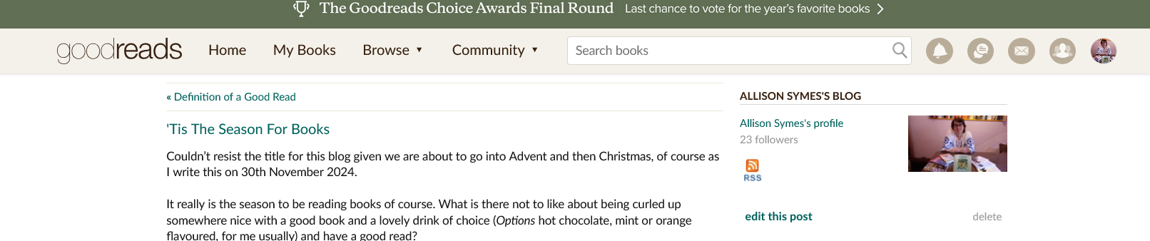 Screenshot 2024-11-30 at 17-59-22 Allison Symes's Blog - 'Tis The Season For Books - November 30 2024 09 59 Goodreads
