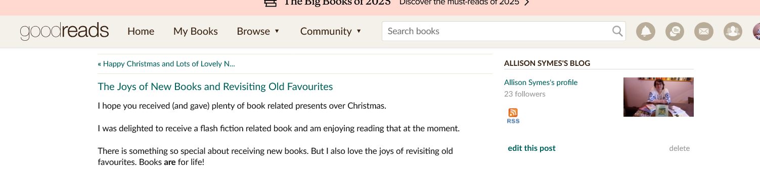 Screenshot 2024-12-27 at 20-06-32 Allison Symes's Blog - The Joys of New Books and Revisiting Old Favourites - December 27 2024 12 06 Goodreads