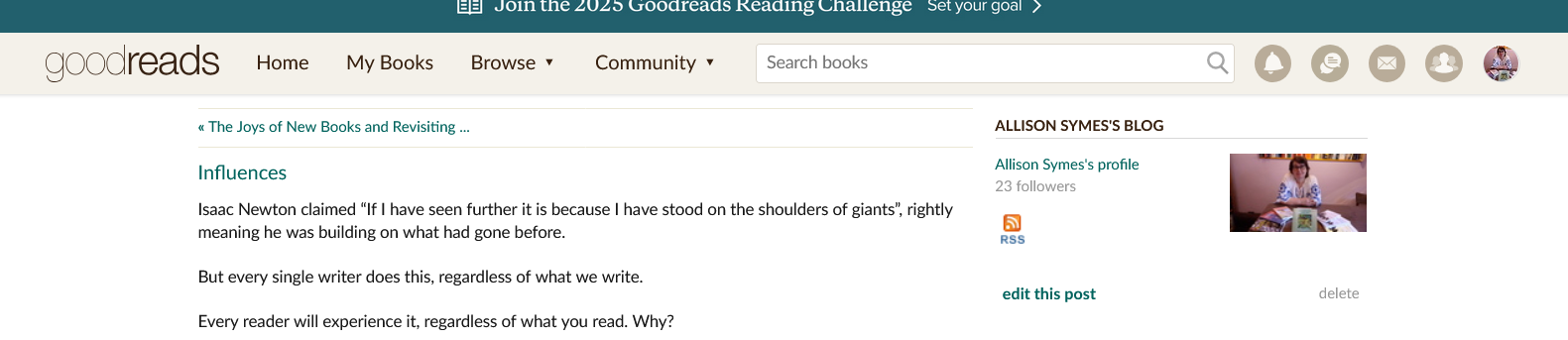 Screenshot 2025-01-04 at 18-00-53 Allison Symes's Blog - Influences - January 04 2025 10 00 Goodreads